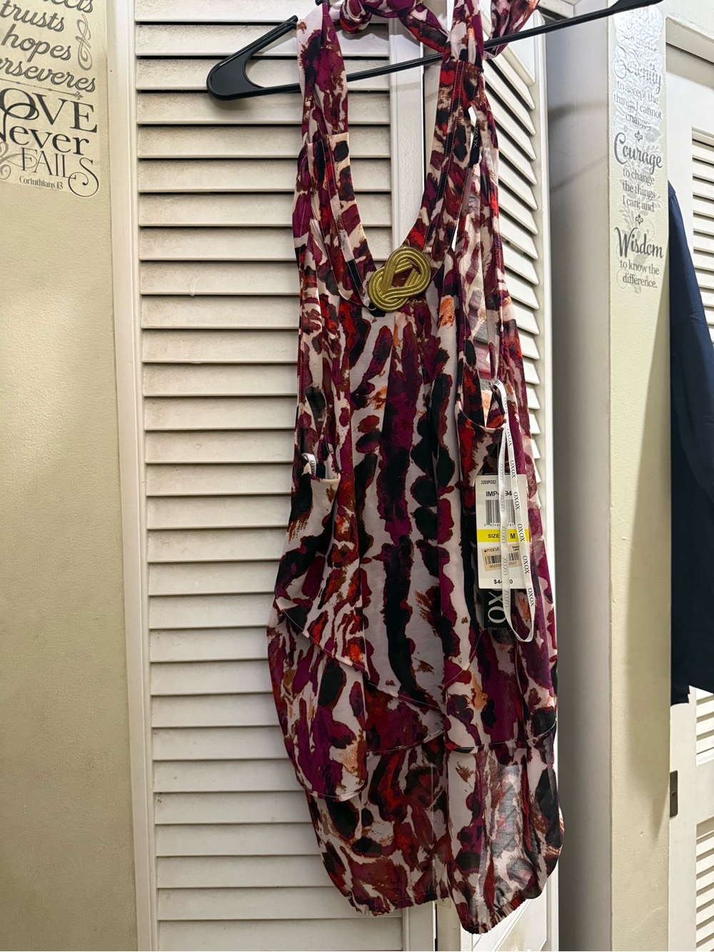 XOXO Sleeveless Draped Halter Top in Burgundy, Black & White Print